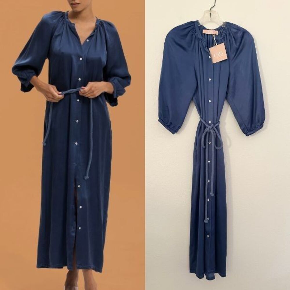 NWT Cali Dreaming Coco Dress in Sapphire Blue Belted Button Front Women's XS